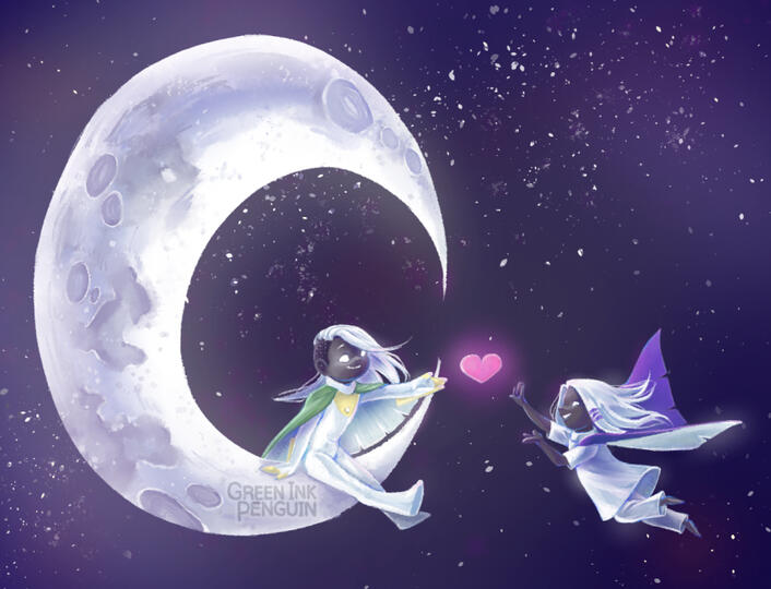 Sky children sitting on a crescent moon.