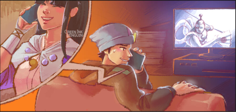 Maya and Phoenix catching up on Steel Samurai reports.