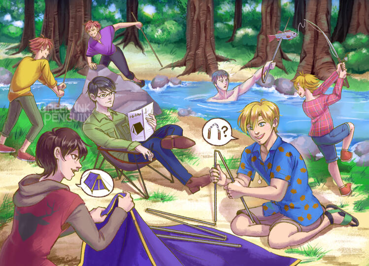 Ouran High School Host Club camping in the middle of the woods.